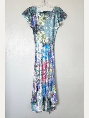 Komarov Crinkled BLue Multicolor Watercolor Floral Print Cap Sleeve Midi Dress S